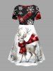 Plus Size Christmas Tree Elk Scarf Snowflake Plaid Print Cinched A Line Dress -  