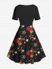 Plus Size Christmas Flowers Star Snowflake Print Vintage Dress -  