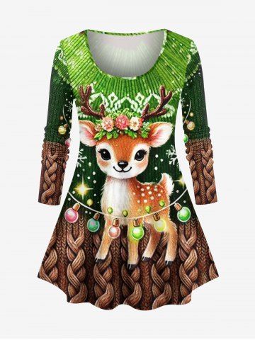 Plus Size Christmas Light Elk Flowers Snowflake Cable Knit 3D Print Long Sleeves T-shirt - GREEN - XS
