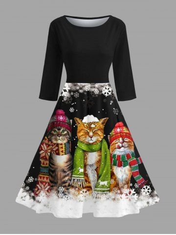 Plus Size Christmas Cats Snowflake Colorblock Print 3/4 Sleeves Vintage Dress - BLACK - 4XL