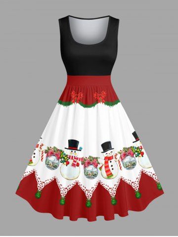Plus Size Christmas Ball Tree Snowman Bowknot Colorblock Print 1950s Vintage Dress - RED - XS