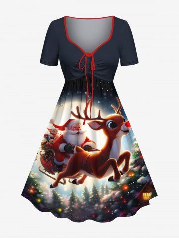 Plus Size Christmas Tree Santa Claus Elk Star Glitter 3D Print Cinched Dress - MIDNIGHT BLUE - XS