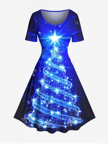 Plus Size Christmas Tree Star Glitter 3D Print Vintage Dress - SKY BLUE - XXS