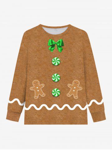 Plus Size Men's Christmas Gingerbread Candy Bowknot Print Long Sleeves T-shirt - BROWN - XL