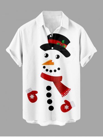Plus Size Christmas Snowman Print Button Pocket Shirt For Men - WHITE - XL