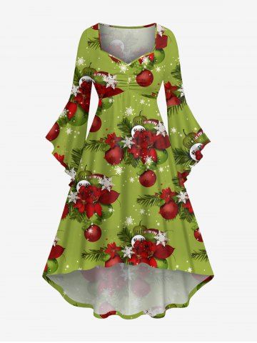 Plus Size Christmas Ball Flowers Snowflake Print Ruched Flare Sleeves High Low Dress - GREEN - 5X