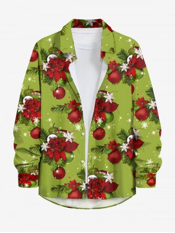 Plus Size Christmas Ball Flowers Snowflake Print Buttons Pocket Shirt For Men - GREEN - L