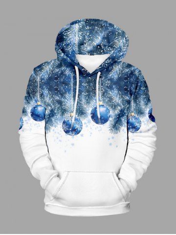 Plus Size Christmas Ball Snowflake Leaf Print Drawstring Pocket Hoodie For Men - SKY BLUE - 5XL
