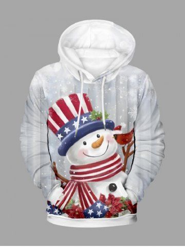 Plus Size Christmas Snowflake Snowman Patriotic American Flag Print Pullover Long Sleeves Hoodie For Men - WHITE - 8XL