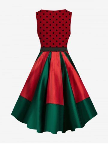 Plus Size Two Tone Christmas Colorblock Polka Dot Print Vintage Swing A  Line Dress [45% OFF] | Rosegal