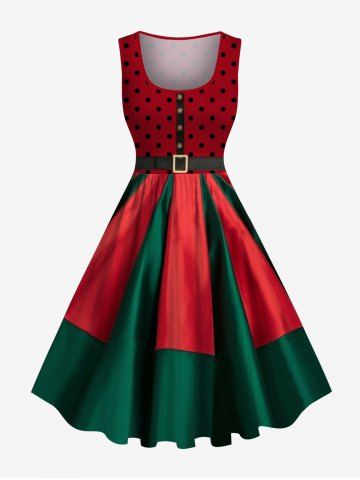 Plus Size Two Tone Christmas Colorblock Polka Dot Print Vintage Swing A Line Dress - RED - 6X