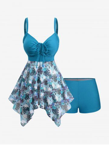 Plus Size Tropical Leaf Hibiscus Flower Print Cinched Boyleg Tankini Swimsuit (Adjustable Shoulder Strap) - PEACOCK BLUE - M | US 10