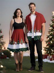 Christmas Tree Snowman Colorblock Print Plus Size Matching Outfit For Couples -  