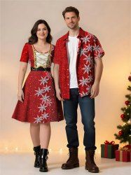 Christmas Snowflake Sparkling Sequin 3D Print Plus Size Matching Outfit For Couples -  