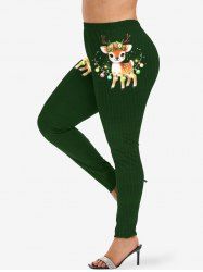 Leggings grande taille à imprimé 3D pailleté avec des lumières de Noël et des élans - Vert profond 4X