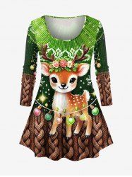 Plus Size Christmas Light Elk Flowers Snowflake Cable Knit 3D Print Long Sleeves T-shirt -  