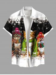 Plus Size Christmas Cats Snowflake Colorblock Print Buttons Pocket Shirt For Men -  