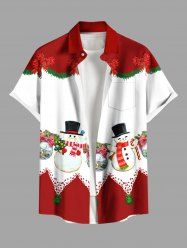 Chemise homme grande taille à imprimé colorblock, boutons et poche, motif boules de Noël, sapin, bonhomme de neige et nœud papillon. - Rouge XL