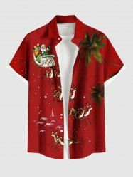 Plus Size Christmas Santa Claus Elk Sled Coconut Tree Print Buttons Pocket Shirt For Men - Rouge XL