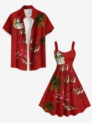 Christmas Santa Claus Elk Sled Coconut Tree Print Plus Size Matching Outfit For Couples -  
