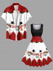 Christmas Ball Tree Snowman Bowknot Colorblock Print Plus Size Matching Outfit For Couples -  