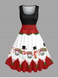 Plus Size Christmas Ball Tree Snowman Bowknot Colorblock Print 1950s Vintage Dress -  