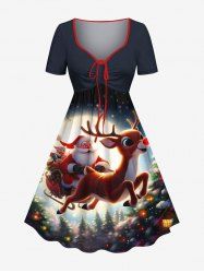 Robe de Noël grande taille à imprimé 3D pailleté sapin, Père Noël, renne et étoile - Bleu de Minuit 2X