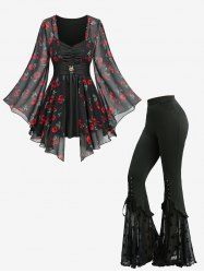 Ensemble composé d'un haut 2 en 1 à imprimé rose, froncé et ceinturé, et d'un pantalon évasé à poches et lacets, orné de motifs têtes de mort et d'étoiles. - Noir 