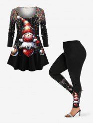 Christmas Elf Ball Heart Swing Colorful Feather Print Long Sleeves Women T-shirt and Leggings Plus Size Matching Set -  