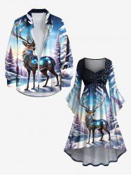 Christmas Tree Elk Forest Print Plus Size Matching Outfit For Couples -  