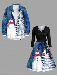 Christmas Tree Snowman Forest Print Plus Size Matching Outfit For Couples -  