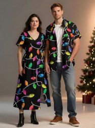 Colorful Christmas Light Print Plus Size Matching Outfit For Couples -  