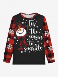 T-shirt à manches longues pour homme grande taille, imprimé flocons de neige et bonhommes de neige à carreaux, idéal pour Noël - Rouge 2XL
