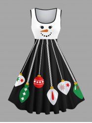 Plus Size Christmas Ball Snowman Print Vintage Swing A Line Dress -  