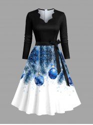 Plus Size Christmas Ball Snowflake Leaf Print Scalloped V Neck Dress With A Belt -  