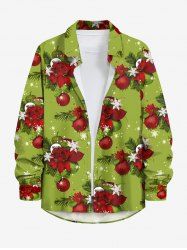 Chemise grande taille homme à imprimé de boules de Noël, fleurs et flocons de neige, boutons et poche - Vert 7XL