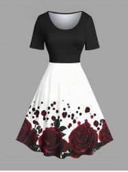 Plus Size Rose Flower Leaf Paint Splatter Print Hawaii Vintage Dress -  