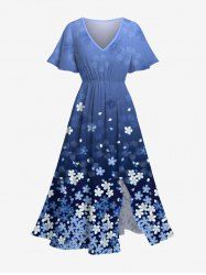Robe mi-longue hawaïenne fendue à imprimé floral et feuilles ombré grande taille - Bleu Ciel 6X