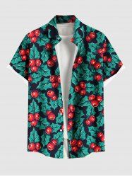 Plus Size Christmas Holly Fruit Leaf Print Buttons Pocket Shirt For Men -  