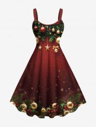 Robe débardeur grande taille à imprimé boules de Noël, nœud papillon, étoiles et pompons, houx et fruits - Rouge L
