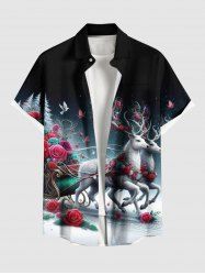 Chemise grande taille homme à imprimé ombré sapin de Noël, élan, rose, fleurs et oiseaux, poche boutonnée - Noir 6XL