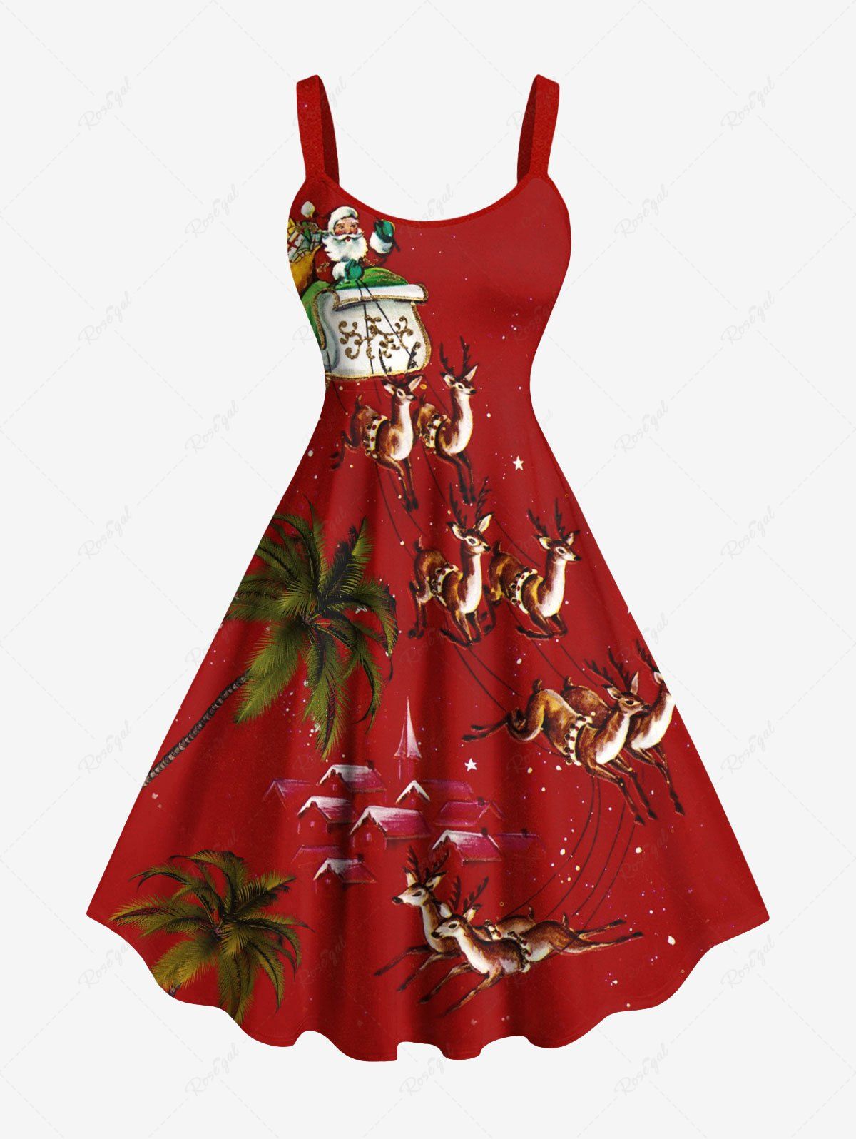 Plus Size Christmas Santa Claus Elk Sled Coconut Tree Print Tank Dress Rouge 6X
