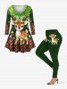 Plus Size Christmas Light Elk Flowers Snowflake Cable Knit 3D Print Long Sleeves T-shirt -  