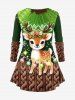 Plus Size Christmas Light Elk Flowers Snowflake Cable Knit 3D Print Long Sleeves T-shirt -  