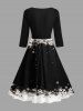 Robe vintage grande taille à imprimé chats et flocons de neige, manches 3/4, style colorblock - Noir S