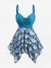 Plus Size Tropical Leaf Hibiscus Flower Print Cinched Boyleg Tankini Swimsuit (Adjustable Shoulder Strap) -  