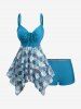 Plus Size Tropical Leaf Hibiscus Flower Print Cinched Boyleg Tankini Swimsuit (Adjustable Shoulder Strap) -  