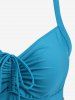Plus Size Tropical Leaf Hibiscus Flower Print Cinched Boyleg Tankini Swimsuit (Adjustable Shoulder Strap) -  