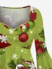 Plus Size Christmas Ball Flowers Snowflake Print Ruched Flare Sleeves High Low Dress -  