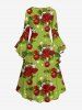 Plus Size Christmas Ball Flowers Snowflake Print Ruched Flare Sleeves High Low Dress -  